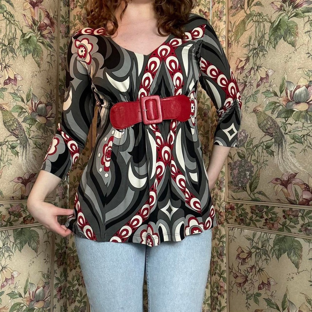 Cha Cha Vente Funky Floral Psychedelic Print V-Neck Belted Tunic Top Red Grey M